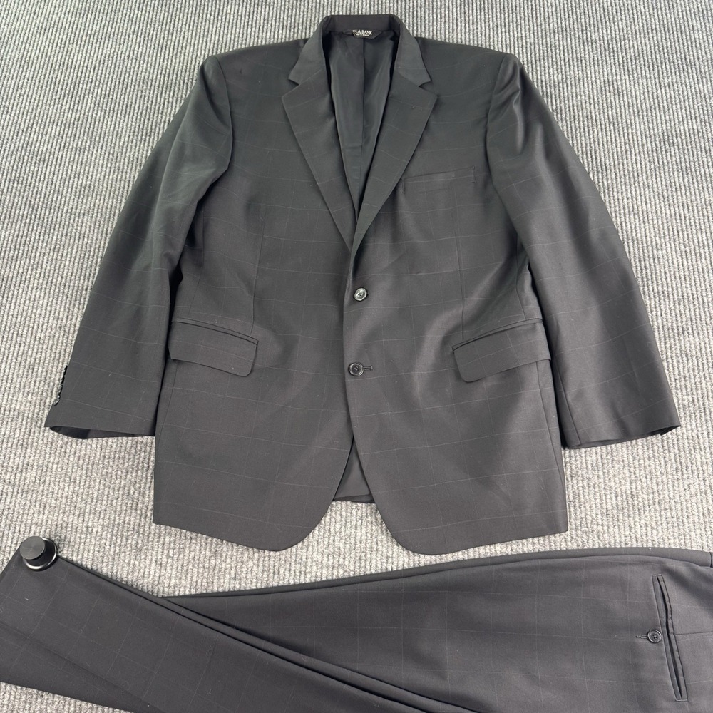 Jos A Bank Suit 44 R Black Wool Windowpane Traveler's Collection Pants 38x27